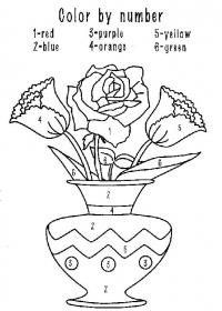 Математическая раскраска, цветы в вазе, розы 