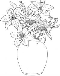 Цветы в вазе, лилии и подсолнухи 