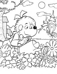 Медвежонок поливает клумбу с цветами 