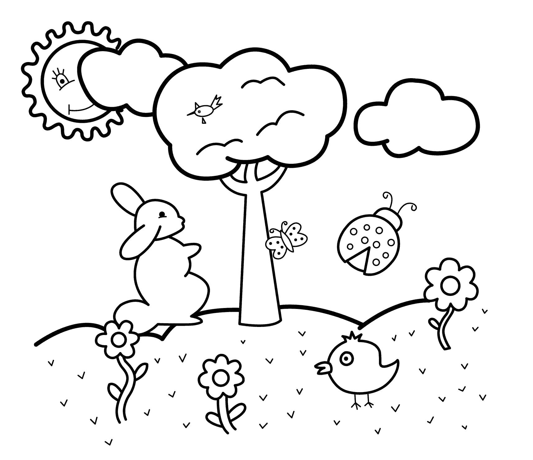 Божья коровка Поляна с цветами и деревом. солнце за облаками раскраски цветы